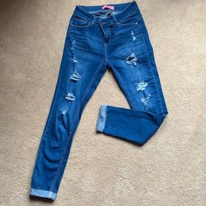Blue Ripped Capris Wax Jeans